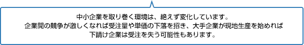 中小企業を取り巻く環境は、絶えず変化しています。企業開の競争が激しくなれば受注量や単価の下落を招き、大手企業が現地生産を始めれば下請け企業は受注を失う可能性もあります。