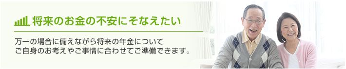 将来のお金の不安にそなえたい 万一の場合に備えながら将来の年金についてご自身のお考えやご事情に合わせてご準備できます。