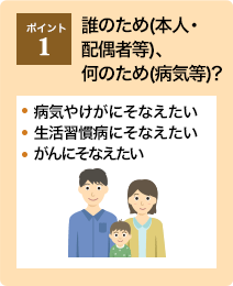 ポイント1：誰のため(本人・配偶者等)、何のため(病気等)?