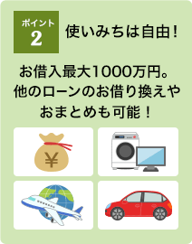 ポイント2：使いみちは自由！お借入最大1000万円。他のローンのお借り換えやおまとめも可能！