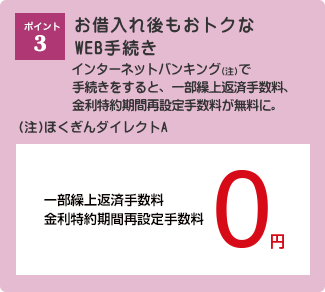 ポイント3：簡単・便利なWEB手続き インターネットバンキング（注）で手続きをすると、一部繰上返済手数料、金利特約期間再設定手数料が無料に。(注)ほくぎんダイレクトA