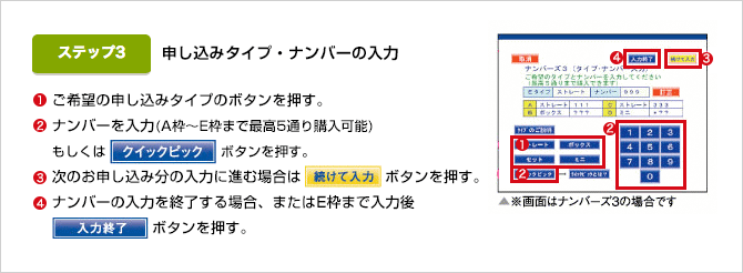 ①ご希望の申込タイプのボタンを押す。 ②ナンバー入力(A枠〜E枠まで最高5通り選択可能)もしくはクイックピックボタンを押す。 ③次のお申込分の入力に進む場合は続けて入力ボタンを押す。 ④ナンバーの入力を終了する場合、またはE枠まで入力後入力終了ボタンを押す。