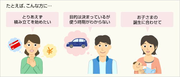 たとえば、こんな方に…とりあえず積み立てを始めたい、目的は決まっているが使う時期がわからない、お子さまの誕生に合わせて