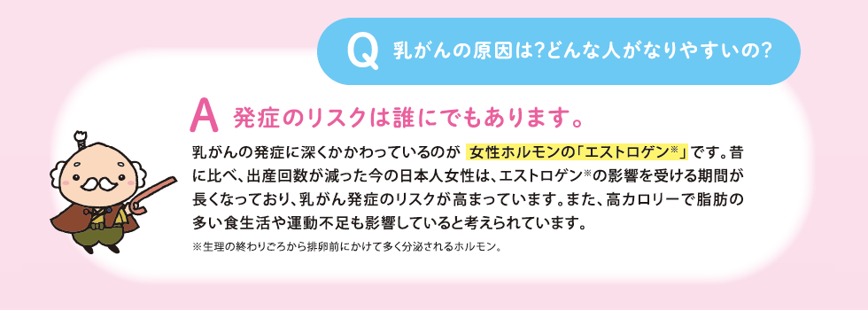 Q:乳がんの原因は?どんな人がなりやすいの?A:発症のリスクは誰にでもあります。