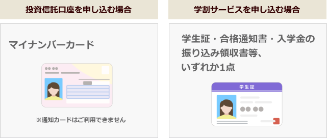 投資信託口座のお申込みにはマイナンバーカードをご用意ください（通知カードはご利用できません）学割サービスのお申込みには学生証・合格通知書・入学金の降り込み領収書等、いずれか1点をご用意ください